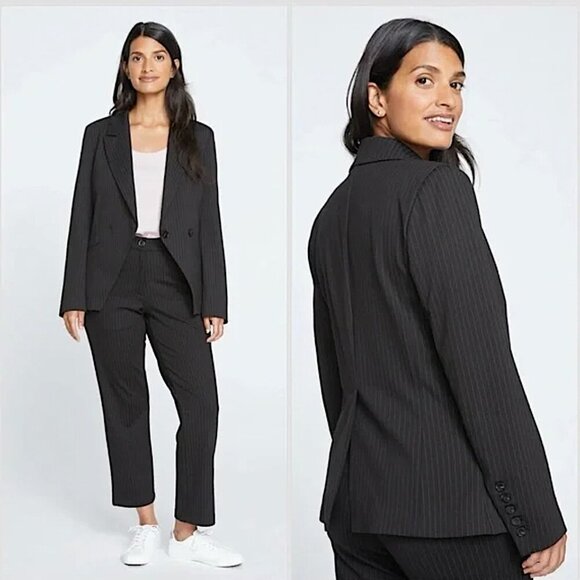 UNIVERSAL STANDARD Bianca Italian Double Breasted Pinstripe Blazer Black - Picture 3 of 12